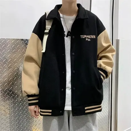 潮牌宽松翻领休闲夹克男秋季ins港风复古撞色拼接棒球服开衫外套商品大图