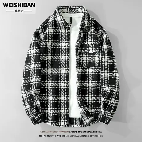 男装2022年新款春秋季编织格纹长袖外穿式衬衫男士格子小香风外套商品大图