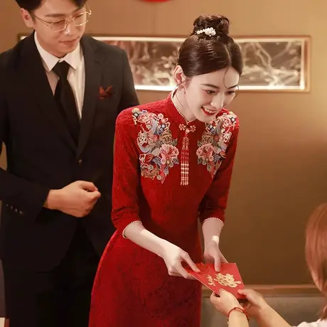 新中式旗袍敬酒服新娘酒红色高端订婚回门连衣裙改良蕾丝小个子秋商品大图