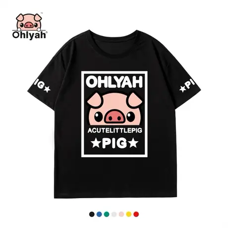 Ohlyah品牌 小猪米罗 全棉面料 半袖宽松女装黑色t恤韩版大印花潮图片