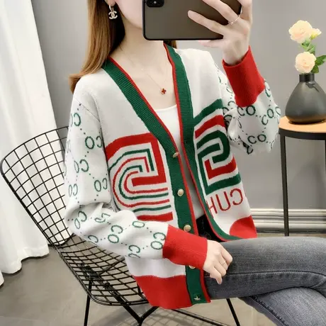 V领毛衣开衫女2023年新款针织衫撞色提花设计感洋气外套短款上衣商品大图