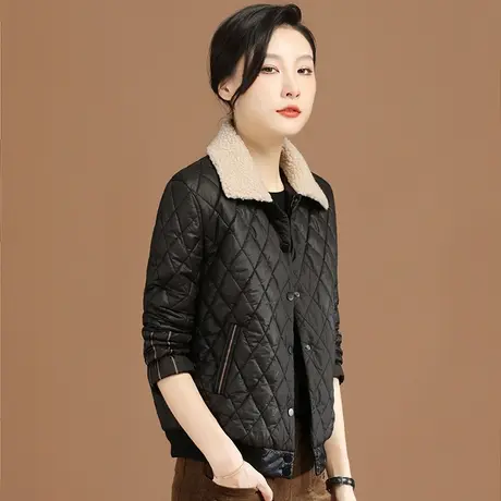 韩潮袭人羊羔绒毛领黑色棉衣棉服女2023冬季新款显瘦加厚棉袄外套图片