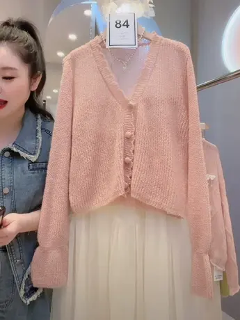 春夏新款韩版宽松小香风粉色减龄V领喇叭袖针织开衫百搭短款毛衣商品大图