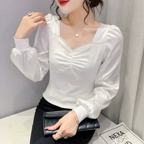 春秋女装2023新款潮法式V领长袖T恤修身显瘦打底衫泡泡袖洋气上衣商品大图