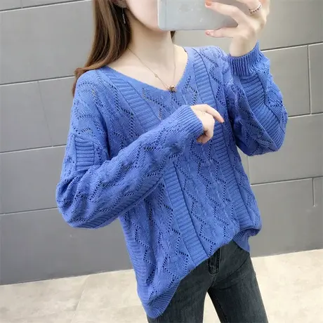 2020秋冬新款v领镂空外穿毛衣女洋气百搭长袖套头针织打底衫上衣图片