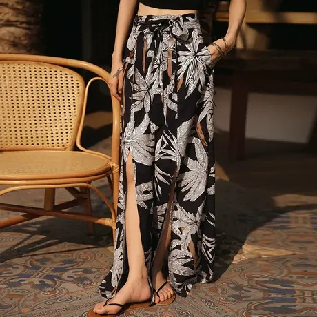 弥古波西米亚民族风雪纺阔腿裤女薄款开叉裤子拖地长裤沙滩裙裤夏商品大图