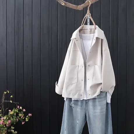 2020春季新款女装暗扣外套短款宽松纯色休闲气质简约显瘦夹克上衣商品大图