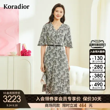 珂莱蒂尔商场同款印花连衣裙女收腰v领中长裙淑女图片