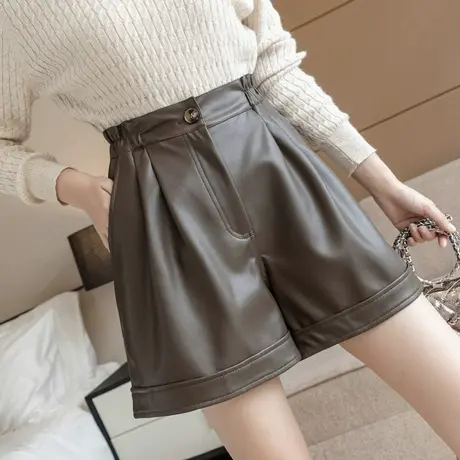 棕色高腰阔腿皮短裤女秋冬2022新款宽松百搭显瘦大码皮裤外穿靴裤商品大图