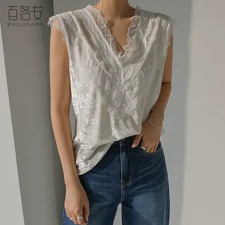 百洛安V领丝绒背心女夏新款宽松百搭蕾丝吊带外穿打底无袖上衣t恤图片