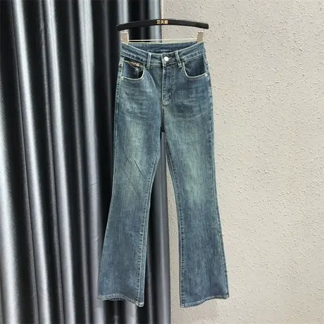 2023秋季新款韩版高腰微喇牛仔裤女显瘦修身口袋撞色时尚喇叭长裤图片