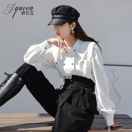 长袖白色衬衫女韩版宽松显瘦复古港味设计感小众宫廷风休闲衬衣潮商品大图