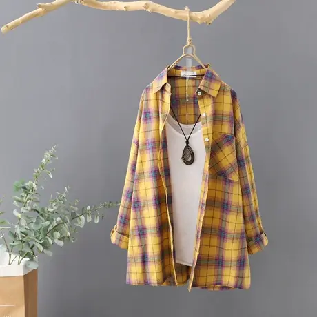 中长款格子长袖衬衫女2023秋季新款韩范宽松外套衬衣薄开衫打底衫商品大图