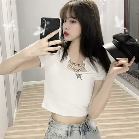 网红镂空蝴蝶链条设计感夏季2023年新款露脐短袖T恤短款上衣女夏图片