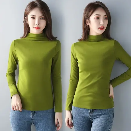 2023新款芥末绿中领打底衫女半高领春季修身百搭显瘦内搭短款上衣图片