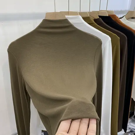 羊绒棉混纺长袖T恤女秋冬基础款软糯亲肤弹力半高领打底衫上衣服商品大图