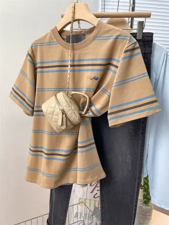 显白复古杏色条纹撞色短袖T恤女学生宽松显瘦百搭打底衫上衣夏季图片