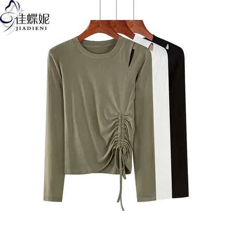 秋季新款韩版圆领纯棉修身显瘦纯色露肩抽绳长袖体恤上衣外穿女装商品大图