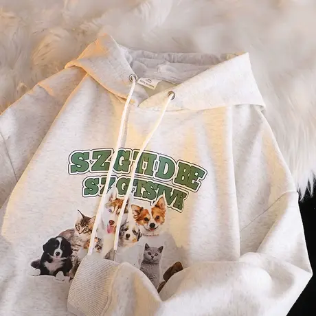 复古港味chic设计感卫衣女ins潮牌秋冬加绒加厚宽松大码连帽外套图片