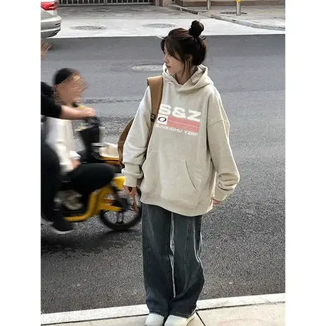 oversize美式连帽卫衣女春秋季薄款宽松慵懒风设计感早秋上衣外套图片