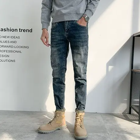 时尚简约个性猫爪弹力小脚裤男潮韩版修身铅笔裤青年微弹牛仔裤商品大图