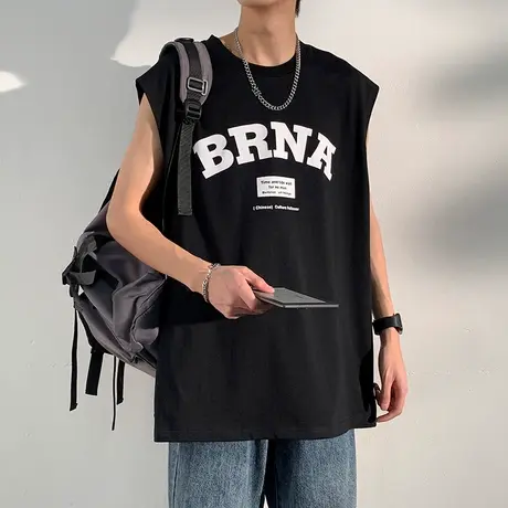 字母印花无袖圆领背心T恤男士夏季纯棉全棉夏天内搭上衣服情侣装商品大图