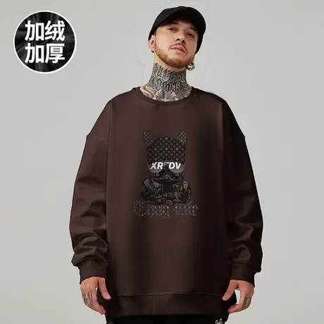 美式复古重磅卫衣大码春秋冬款圆领加绒宽松狗头胖子男生潮牌无帽商品大图