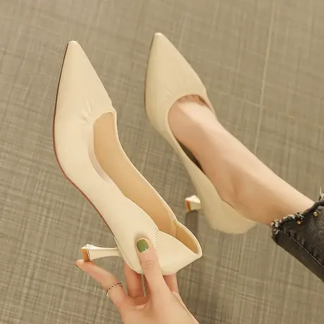 高跟鞋女百搭设计感小众2023年新款软皮褶皱尖头细跟职业法式单鞋图片