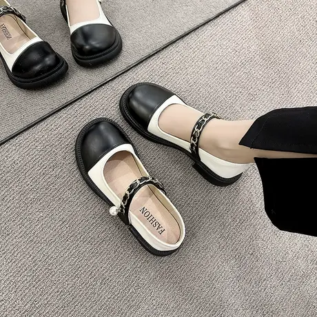 法式玛丽珍鞋女夏季单鞋2023新款复古小香风仙女百搭平厚底小皮鞋商品大图