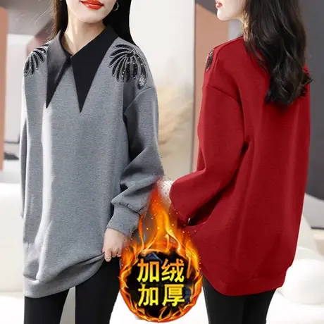 加绒加厚卫衣女大码胖mm春秋款时尚休闲宽松中长款时髦外套200斤商品大图