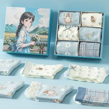 卡通长袜子女秋冬中筒棉袜竖条纹浅蓝色礼盒装学生配小皮鞋乐福鞋商品大图