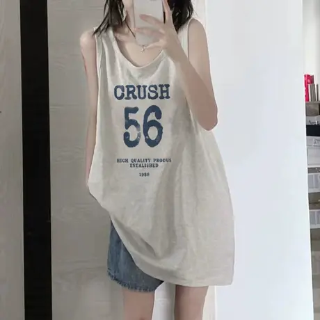 美式纯棉吊带坎肩背心无袖t恤女夏季设计感小众外穿宽松挂脖上衣商品大图