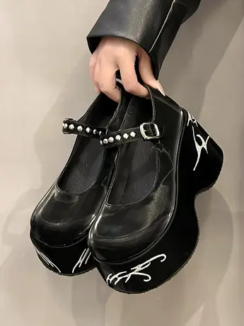 法式复古高跟刺绣玛丽珍小皮鞋女2024春季新款粗跟厚底配裙子单鞋商品大图