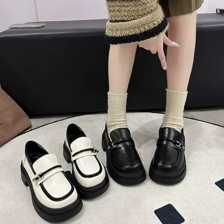 乐福鞋女2024年新款懒人一脚蹬小皮鞋粗跟配裙子时尚英伦气质单鞋图片