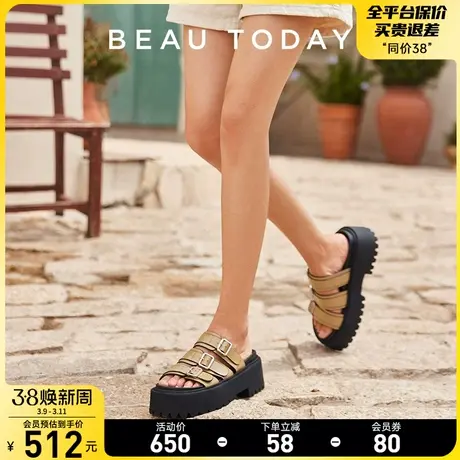 BeauToday厚底拖鞋女外穿凉拖金属扣BT真皮罗马凉鞋女夏沙滩凉鞋图片