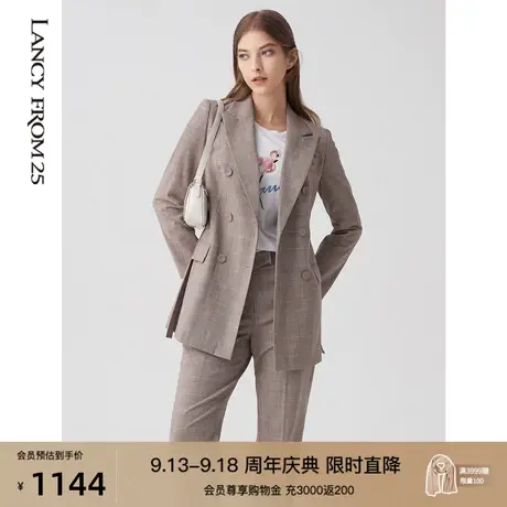 俪雅商场同款中长款格子西装春季腰带显瘦气质职业通勤西服外套商品大图