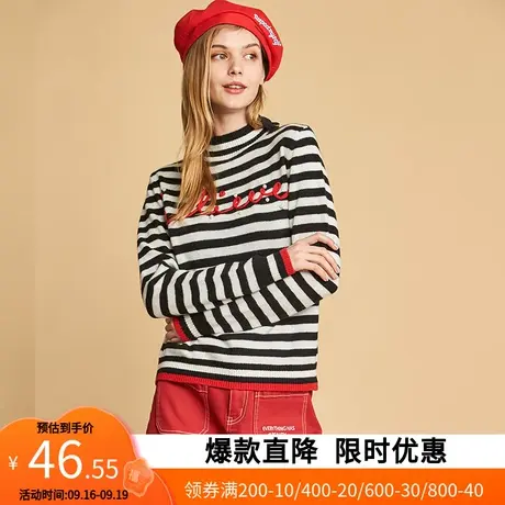 【断码S】艾格条纹打底衫秋女装高领显瘦套头长袖针织羊毛衫y1186商品大图