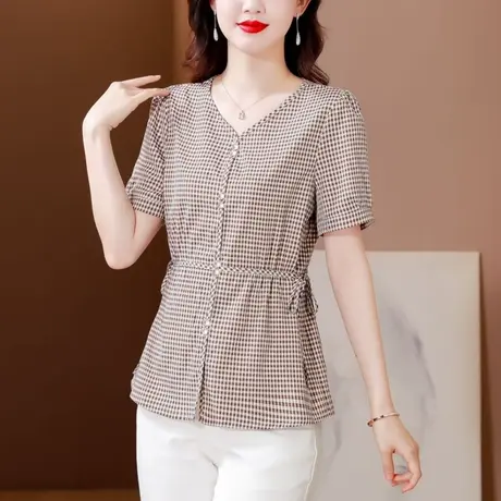 夏季收腰女士短袖衬衫2023新款夏薄款格子V领别致气质减龄女上衣商品大图