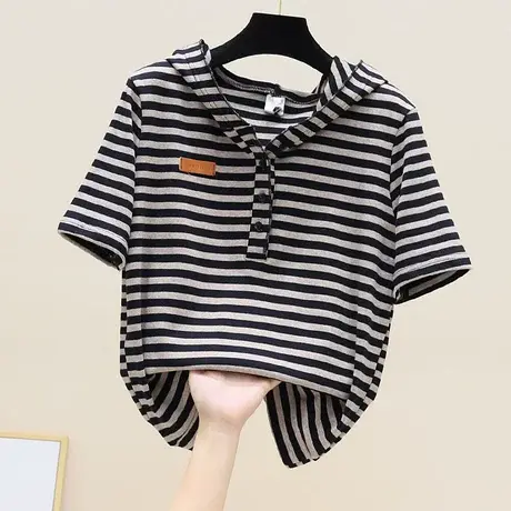 显瘦连帽条纹卫衣女2023春季新款t恤宽松短袖休闲百搭宽松T恤上图片