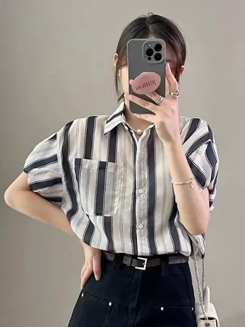 设计感条纹POLO领短袖衬衫女2023夏季新款百搭通勤上衣小衫衬衣潮商品大图