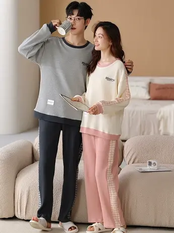 南极人情侣睡衣春秋季纯棉长袖2023年新款休闲运动风家居服女男士图片