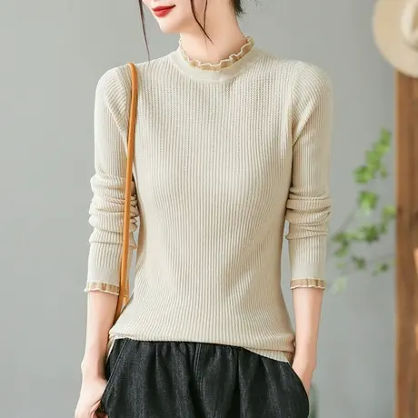 dza 复古半高领针织衫女秋冬内搭打底上衣宽松荷叶领长袖休闲毛衣图片