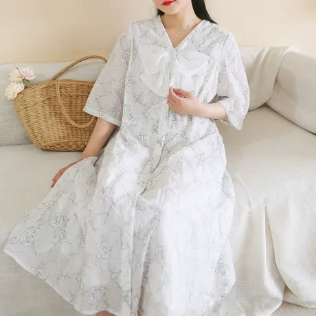 胖妹妹夏2023新品法式V领短袖连衣裙 大码微胖复古蝴蝶结纯棉长裙商品大图