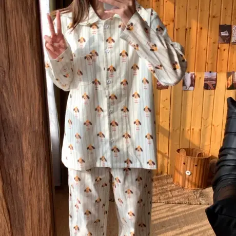 新品！芒果小狗全棉磨毛长袖长裤睡衣女可爱亲肤柔软家居服可外穿商品大图