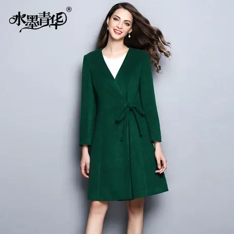 【1件7.9折】春装新品V领长袖系带修身毛呢外套百搭中长款女大衣图片