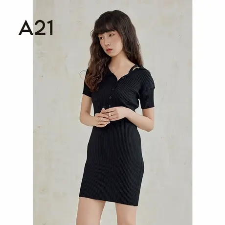 A21女装圆领落肩短袖包臀毛织时尚气质显瘦连衣裙图片