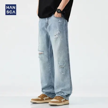 hansca泼墨直筒牛仔裤男2025春季美式破洞潮流复古宽松青少年长裤商品大图