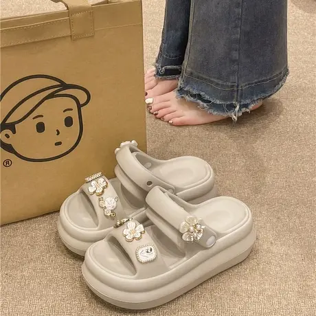 可爱花朵珍珠凉鞋女夏季网红外穿松糕厚底高跟两穿沙滩防滑凉拖鞋商品大图