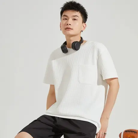 唐狮情侣短袖T恤男夏季新款圆领素色肌理感左胸贴袋半袖上衣商品大图