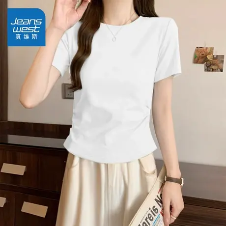 NOE真维斯正肩短袖t恤女夏季2025年新款小个子短款收腰显瘦上衣商品大图